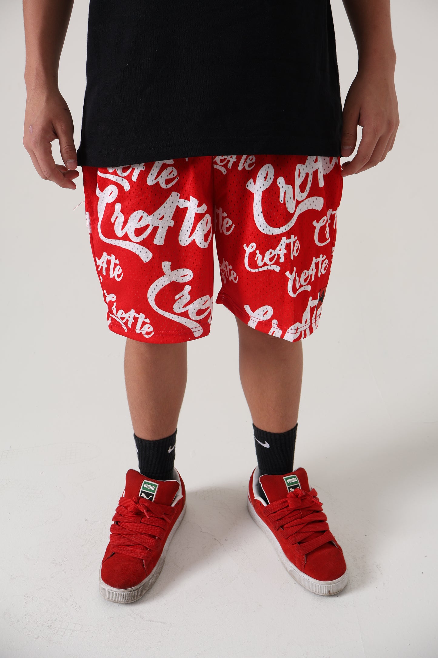 Red and white CRE4TE mesh shorts ❤️🤍